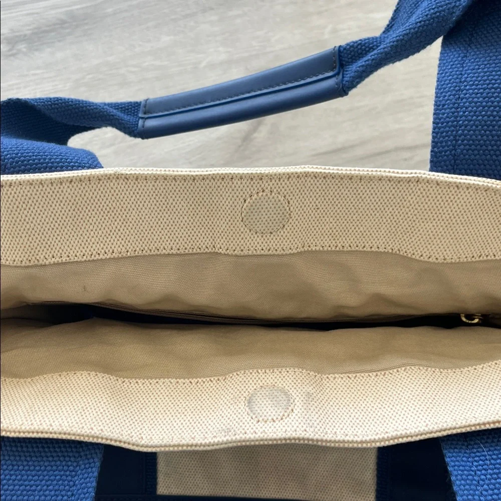 Tory Burch Large Ivory Canvas & Blue Vinyl Shoulder Beach Tote Bag Handbag - Picture 8 of 15